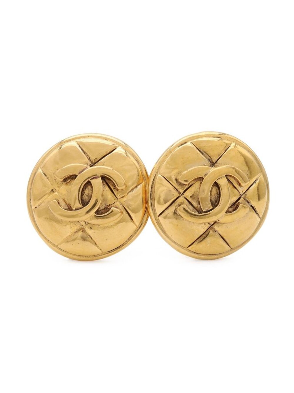 Chanel Quilted CC Logo Button Round Earrings Vintage Gold Plated